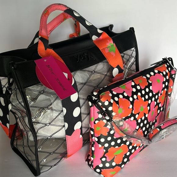 🆕 BETSEY JOHNSON Large Clear Tote Bag & Crossbody Set Black Floral Polka Dot - Picture 2 of 16